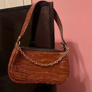Croc-Embossed Brown Shoulder Bag with Chain Detail